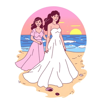 A bride in a flowing white gown stands confidently on a sandy beach, her dress gently swaying with the breeze. Beside her, a bridesmaid in a pastel pink dress is smiling, both facing the camera with joyful expressions. The sun is setting in the background, casting a warm golden glow over the scene. The waves of the ocean are crashing softly on the shore, and a few seashells are scattered around their feet in the sand. The sky is painted with hues of orange and pink, creating a vibrant backdrop for this special moment.