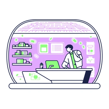 A futuristic pharmacy is located in a sleek, metallic spacecraft interior. Shelves are lined with various floating capsules that are suspended in mid-air, each capsule displaying a glowing label with information. The pharmacy features a holographic screen showing a digital interface for customers to browse medication options. A friendly pharmacist with short hair is wearing a uniform and is standing behind a counter, ready to assist customers. The ceiling of the pharmacy is designed with intricate geometric patterns, and soft lighting illuminates the scene, enhancing the modern aesthetic.