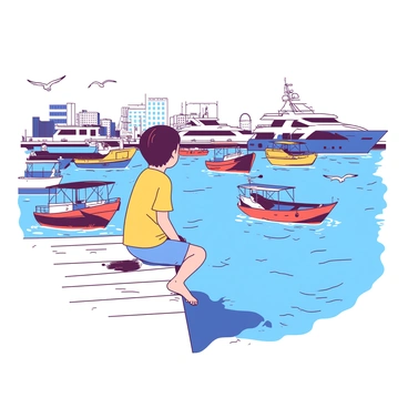 A child with short brown hair is sitting on a wooden dock, their legs dangling over the edge. The child is wearing a bright yellow shirt and blue shorts. They are gazing intently at several colorful boats that are sailing in and out of a busy harbor. The harbor is filled with boats of different shapes and sizes, some are small fishing boats while others are larger yachts. The water is rippling gently under the sunlight, reflecting a mix of colors. In the background, there are people walking along the docks and seagulls flying in the sky.