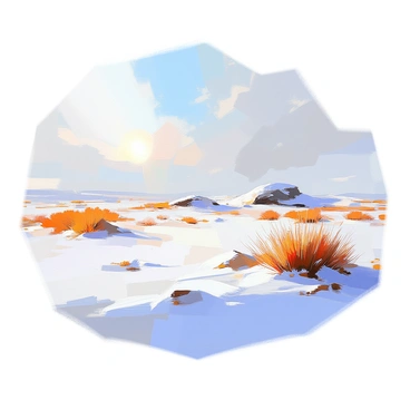 A tundra biome in winter, showcasing a vast expanse of snow-covered ground that sparkles under the bright sun. The landscape is predominantly flat, with patches of sparse vegetation such as low shrubs and hardy grasses peeking through the snow. In the distance, there are a few rocky outcrops that add texture to the scene. The sky is a pale blue with wispy clouds, creating a tranquil atmosphere. A gentle breeze stirs the snow, leaving fine swirling patterns on the surface.