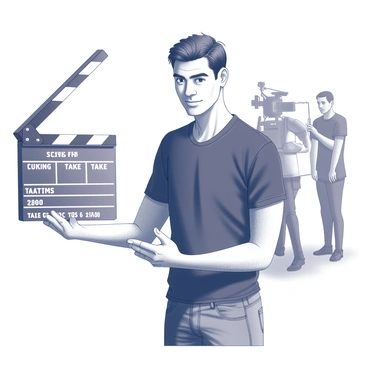 A film director stands confidently, gripping a clapperboard in one hand. The clapperboard is positioned in front of him, displaying the scene and take numbers clearly. He has a focused expression, as if preparing to cue the actors. The director wears a casual outfit, consisting of a fitted black shirt and jeans, emphasizing a professional yet approachable demeanor. In the background, a film set is visible, with cameras and crew members in place, ready for action.
