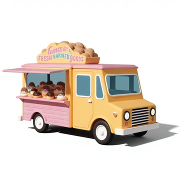 A bakery truck with vibrant displays, showcasing a wide variety of pastries and fresh bread. The truck is painted in bright colors, with the words "Fresh Baked Goods" prominently displayed in a cheerful font. The pastries include chocolate éclairs, danishes with colorful fruit toppings, and flaky croissants arranged attractively. Loaves of crusty bread, including baguettes and sourdough, are stacked neatly beside the pastries. Sunlight reflects off the glass display cases, highlighting the golden crusts and tempting fillings.