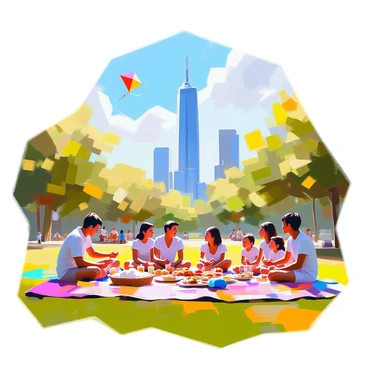 A park scene filled with families enjoying a picnic on the grass. Groups of people are gathered around colorful blankets, sharing food and drinks. Some children are playing nearby, flying kites and playing catch. In the background, "Landmark 81" towers tall, providing a modern contrast to the natural surroundings. The sky is bright blue with a few fluffy clouds, and trees are scattered throughout the park, adding greenery to the scene.