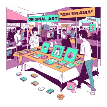 A vibrant art festival stall features a freelance illustrator showcasing various prints and postcards. The stall is decorated with colorful banners displaying "Original Art" and "Postcards for Sale." The illustrator, a young person with short hair, is standing behind the table, engaged in conversation with a customer. The table is covered with an array of prints in different sizes, framed in teal and orange displays. Scattered among the prints are stacks of postcards featuring whimsical illustrations. In the background, other stalls and visitors create a lively atmosphere, with people browsing art and enjoying street performances. Bright sunlight filters in, casting dynamic shadows across the scene.