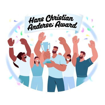 A person is holding a trophy while surrounded by a group of friends. The friends are raising their arms in celebration and smiling. Colorful confetti is falling around them, adding to the festive atmosphere. The background features a banner with the words "Hans Christian Andersen Award" in large letters. Everyone is wearing casual, colorful clothing that reflects a joyful occasion.