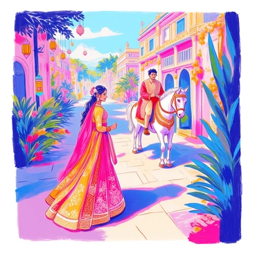 A modern Indian bride stands outdoors, adorned in an intricately designed red and gold lehenga, filled with detailed embroidery and sparkling embellishments. Her long hair is elegantly styled, decorated with fresh flowers. She watches with anticipation as the groom arrives on a majestic white horse, which is adorned with colorful fabrics and decorative accessories. The scene is vibrant, surrounded by lush greenery and traditional decorations, including garlands and lanterns. The sunlight casts a warm glow over the moment, highlighting the bride's joyful expression as she gazes upon the groom approaching.