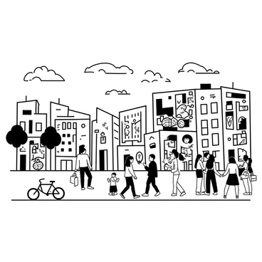 A busy street scene featuring multiple buildings adorned with murals and graffiti. The walls are covered in intricate designs and illustrations, showcasing a variety of styles and themes. People are walking along the sidewalk, some stopping to admire the artwork. A couple of bicycles are parked near the buildings, while a small group of friends is gathered around discussing the artworks. Trees line the street, adding to the urban atmosphere. The sky above is filled with scattered clouds.