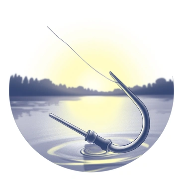 A shiny fishing hook is suspended in the air, catching the light with its reflective surface. Below, a tranquil lake stretches out, its smooth surface mirroring the fading light of the sunset. The sky is filled with soft gradients of yellow and black as day transitions to night. The overall scene is peaceful, with gentle ripples softly disturbing the water's surface around where the hook hangs.