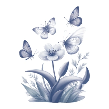A close-up view of a rare flower displaying intricate details of its petals and stamen. The flower is situated in a lush garden environment, surrounded by various plants and foliage. Several butterflies with distinct patterns are hovering around the flower, their wings spread wide, creating a dynamic interaction with the blooming plant. The background features a soft focus on additional green leaves and flowers, enhancing the scene without drawing attention away from the main subject.