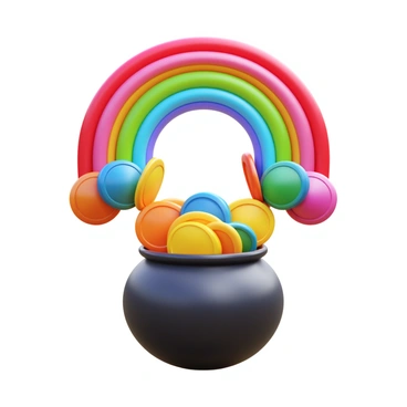 A rainbow made of various coins arched beautifully over a small pot. The pot is overflowing with neatly arranged dollar bills, some partially sticking out. The coins reflect light with a shiny, metallic finish, showcasing their different colors and textures. The pot is dark and round, contrasting with the vibrant colors of the coins. The scene is visually striking, with the rainbow creating a dynamic curve above the pot.