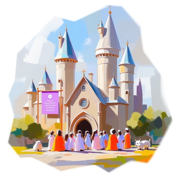 A fantastical school featuring multiple tall towers and intricate turrets rising against the sky. The architecture is grand and whimsical, with pointed roofs and ornate details. Students are gathered outside, wearing robes of various colors, eagerly discussing spells and holding books filled with ancient knowledge. A large banner hangs from one of the towers, displaying a motto about learning and magic. The surrounding grounds are filled with lush greenery, and a few magical creatures can be seen nearby.