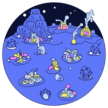 A detailed illustration of the deep-sea floor, featuring the lithosphere. The ocean floor is composed of rocky formations with various textures and shapes. Several hydrothermal vents are visible, emitting plumes of hot water. Surrounding the vents, there are clusters of unique deep-sea organisms, such as tube worms and various species of crustaceans. The background shows the dark depths of the ocean, accentuated by the faint glow from the vents.