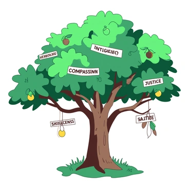 A large tree with a sturdy trunk and sprawling branches stands prominently in the center of the image. Each branch is labeled with different phrases representing various ethical decisions, such as "Integrity," "Compassion," and "Justice." The leaves of the tree are lush and green, creating a vibrant canopy. Hanging from the branches are bright fruits, each labeled with the word "Success" in a bold font, symbolizing the positive outcomes of ethical choices. The ground around the tree is covered with soft grass, adding to the natural setting.