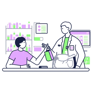 An NHS pharmacist is standing behind a pharmacy counter, wearing a white lab coat and a name badge. The pharmacist has short hair and is smiling while handing a small bag of medicines to a patient. The patient is facing the counter, looking attentive and grateful, wearing casual clothing. Behind the pharmacist, a shelf filled with various medicine bottles and boxes is visible, alongside a computer monitor displaying patient information. A clear plastic divider is set between the pharmacist and the patient for safety.