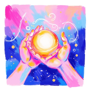 A pair of hands gently cradles a glowing orb of energy, which emits a soft, warm light. The hands are depicted with delicate fingers, showing care and tenderness as they support the orb. The orb is surrounded by swirling wisps of light that enhance its radiant glow. In the background, there are soft, blurred colors to suggest warmth and tranquility, framing the central focus on the hands and the orb.