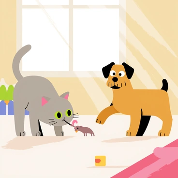 A mischievous gray cat with bright green eyes is stealthily pulling a prank on a surprised brown dog with floppy ears. The cat is crouched low, holding a fake mouse toy in its mouth, while the dog looks startled, eyes wide open and fur slightly bristled. The scene is set in a cozy living room, with a colorful rug and a few scattered toys in the background. The sunlight streams through a window, casting playful shadows on the floor, enhancing the playful atmosphere of the moment.
