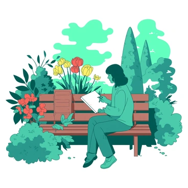 A teal person is sitting on a wooden bench in a serene garden, holding a sketchbook in one hand and a pencil in the other. The person is focused on drawing a vibrant array of flowers, with various shades of red and yellow petals blooming around them. There are lush green bushes framing the scene, and a small bird is perched on the edge of the bench watching intently. In the background, there are tall trees with dappled sunlight filtering through the leaves, creating a peaceful atmosphere for the artist.
