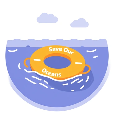 A lifebuoy labeled "Save Our Oceans" floating on a calm sea. The lifebuoy is bright orange with white lettering, contrasting against the deep blue water. Gentle ripples surround the lifebuoy as it drifts peacefully. The sun casts a soft glow, highlighting the water's surface and creating a serene atmosphere. In the background, a few fluffy white clouds are visible in the clear blue sky, enhancing the tranquil scene.