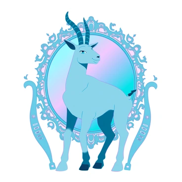 A Baphomet figure with detailed goat features, including prominent horns and piercing eyes, stands before an ornate mirror with intricate carvings and embellishments. The mirror reflects the Baphomet's curious expression, showcasing its mystique. The figure's body is adorned with elaborate symbols and patterns that add to its enigmatic appearance. The background is subtly decorated, enhancing the focus on the Baphomet and the ornate mirror.
