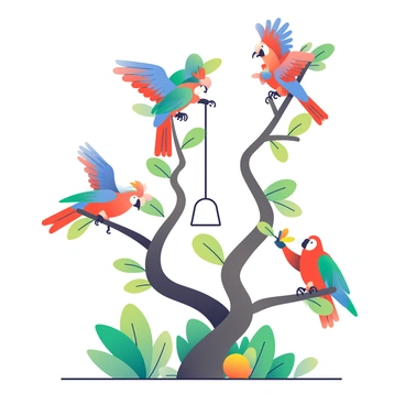 Macaws playing on a makeshift jungle gym made of twisted branches