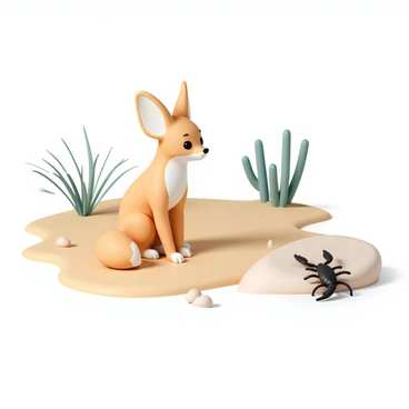 A fennec fox with large ears, sandy-colored fur, and bright eyes is sitting on a patch of soft, golden sand. The fox is looking curiously to the side, its ears perked up. Nearby, a small black scorpion is crawling over a smooth, sun-bleached rock, its pincers raised slightly, glistening under the sunlight. Sparse desert vegetation with wispy green shrubs and a few scattered cacti can be seen in the background, under a clear blue sky. The atmosphere captures the essence of desert wildlife, with a focus on the interactions between the fox and the scorpion.
