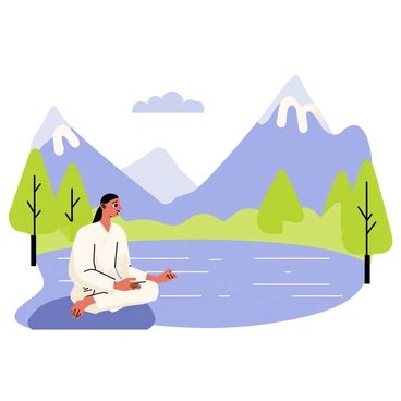 A scene featuring "Hermine" peacefully meditating by a "calm lake" surrounded by "tall, imposing mountains". "Soft ripples" on the lake's surface reflect the blue sky above. "Green trees" line the edges of the lake, providing a natural frame. Hermine is sitting cross-legged on "a smooth rock" at the water's edge, wearing a "flowing white robe". Gentle "clouds" float overhead, enhancing the tranquil atmosphere.
