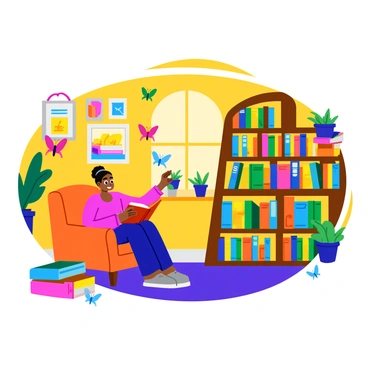 A whimsical library filled with tall shelves stacked with colorful books. A cozy reading nook features a comfortable armchair upholstered in soft fabric. A reader sits in the armchair, smiling as they gaze at the pages of an open book in their lap. Vibrant butterflies in various colors and sizes leap out from the open books scattered around the reader, fluttering through the air. The library has warm, inviting lighting, and a few potted plants are placed on the windowsill, adding life to the scene. The walls are adorned with whimsical illustrations and decorative bookshelves.
