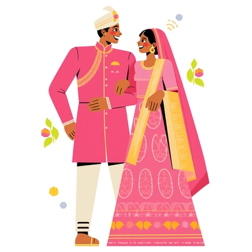 An Indian couple standing closely together, wearing traditional wedding attire. The man is dressed in a vibrant red sherwani embellished with golden embroidery, complemented by a light-colored turban. The woman is wearing a richly detailed lehenga in multiple shades of pink and gold, adorned with intricate patterns and sparkling sequins. Their expressions are joyful, with wide smiles on their faces, as they look into each other's eyes. The background features decorative elements like colorful flowers and ornate wedding decor, enhancing the celebratory atmosphere.