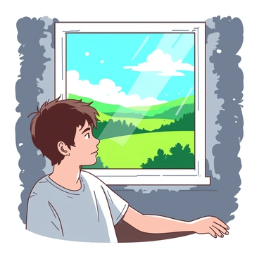 Winston, a young man with tousled brown hair, is sitting by a dusty white window. He gazes out with a look of longing in his eyes. Outside the window, the scene is vibrant with life, depicting a vast landscape filled with rolling green hills under a bright blue sky. The oppressive walls of the room are gray and textured, contrasting with the colorful world outside. The sunlight filters through the dust motes in the air, creating a warm glow around Winston as he daydreams of freedom. His expression reflects hope and yearning, envisioning the possibilities beyond his confined surroundings.