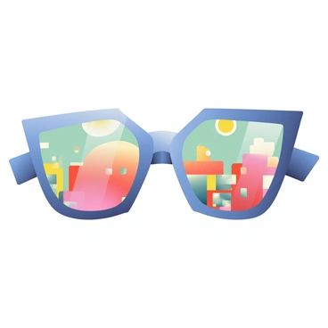 A pair of sunglasses with frames featuring angular edges is positioned in the center of the image. The frames are designed in a cubist style, showcasing a mixture of geometric shapes and sharp lines in various shades of blue, yellow, and red. The lenses are reflective, capturing the light and showing a glimpse of a vibrant cityscape in their reflections. The background is a soft gradient that transitions from light teal at the top to a warm coral at the bottom, enhancing the overall visual appeal of the sunglasses.