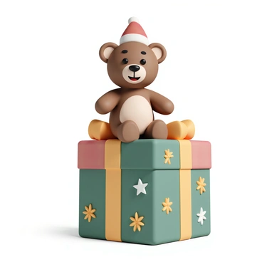 A cute teddy bear with soft brown fur, wearing a red and white Santa hat, sits atop a large, colorful wrapped gift. The gift has bright, shiny paper in a festive design, featuring green and red stripes with golden ribbons. The teddy bear has a cheerful expression, with its black button eyes sparkling, and its arms open as if ready for a hug. The background is softly blurred, emphasizing the teddy bear and the gift.