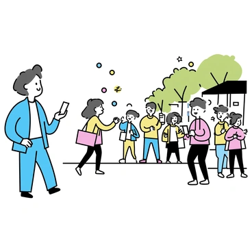 A busy street scene filled with people walking and engaging in conversation. A person, wearing a blue jacket and jeans, has stopped to watch a street performer. The performer, dressed in a colorful costume, is juggling vibrant balls. Nearby, a small crowd has gathered, with a few individuals clapping and others capturing the moment on their phones. There are shopfronts lining the street, showcasing various colorful displays, and trees provide scattered greenery in the background.