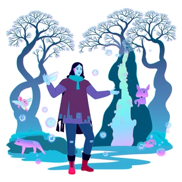A solitary wanderer with a weathered cloak and a determined expression walks through an enchanting forest filled with vibrant, luminescent plants. The trees have twisting trunks and leaves that sparkle with iridescent colors. The wanderer is surrounded by various magical creatures, including a small, glowing fairy with delicate wings hovering nearby and a gentle, deer-like creature with shimmering fur peeking from behind a tree. The atmosphere is filled with soft, ethereal light as the wanderer gestures towards a hidden path illuminated by floating orbs. A sense of curiosity and wonder fills the air as the wanderer seeks guidance from the mystical beings in the forest.