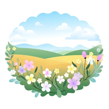 A vast field is filled with an array of wildflowers in full bloom, showcasing vibrant colors of yellow, pink, purple, and white. The flowers sway gently in a light breeze, creating a lively and dynamic scene. Above the field, a bright blue sky stretches across, dotted with soft white clouds. The sunlight bathes the wildflowers, enhancing their vivid colors and illuminating the scene. In the distance, gentle rolling hills provide a peaceful backdrop to this flourishing landscape.