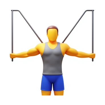 A person in the midpoint of a cable crossover movement, with arms extended fully to the sides. The individual is wearing athletic gear, including a fitted tank top and shorts. The cables are positioned above shoulder height, with a clear tension visible in the cables. The person's muscles are engaged, showcasing the effort in the pose. The background is minimal, focusing on the action of the movement.