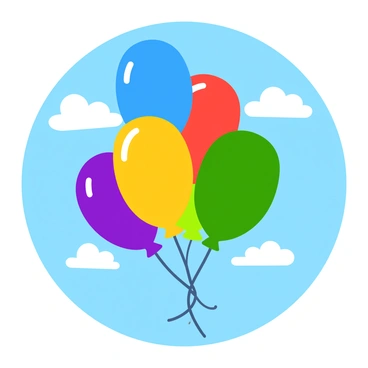 Six colorful balloons in vibrant shades of red, blue, yellow, green, and purple are floating upward against a clear blue sky. Each balloon has a shiny, smooth surface that reflects the sunlight. Fluffy white clouds drift softly in the background, creating a cheerful atmosphere. The balloons are tied together with a single string, gently swaying as they ascend higher into the sky.