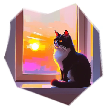 A silhouette of a Persian cat sitting gracefully by a window, its fur appearing sleek and voluminous against the backdrop of a vibrant sunset. The warm hues of the setting sun cast an orange and pink glow across the scene, illuminating the edges of the cat's distinctive face and whiskers. The window frame adds a contrast to the silhouette, with the soft outlines of the panes visible. Outside the window, the fading light of the day enhances the tranquil atmosphere, creating a serene moment as the cat gazes outside.