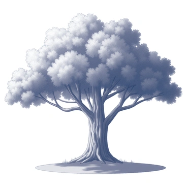 A large tree with a broad canopy providing ample shade. The trunk is thick and textured, with deep grooves running vertically. Beneath the tree, there is a patch of soft grass, creating a comfortable space. The ground is dappled with light filtering through the leaves above, creating a pattern of shadows. The surrounding area is clear, emphasizing the peacefulness of this secluded spot.