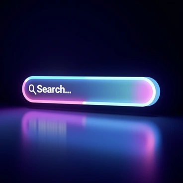 A search bar with a sleek design is prominently displayed in the center of the image. The search bar features a smooth, rounded shape and is illuminated by vibrant neon lights that glow in shades of blue and purple. The background is dark, allowing the neon colors to stand out vividly. The search bar includes a subtle digital display at the top, showing a placeholder text that reads "Search..." in a modern font. Reflections of the neon lights shimmer on the surface below, enhancing the futuristic aesthetic.