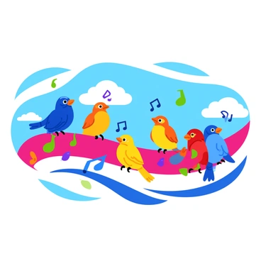 A group of colorful birds perched on various musical notes, forming a harmonious arrangement. Each bird is depicted in vibrant colors, such as blue, red, and yellow, with intricate feather patterns. The musical notes are illustrated in a playful, swirling design that stretches across a bright, whimsical sky filled with fluffy white clouds. The background features soft gradients of blue and pink, enhancing the cheerful scene. The birds appear to be singing, with musical notes visually emanating from their beaks, creating a lively sense of melody in the air.