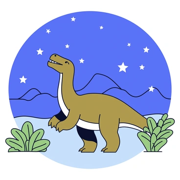 An iguanodon with a greenish-brown body stands on all fours, looking up at a starry night sky filled with bright white stars. The dinosaur's large, prominent thumb spikes are visible, adding detail to its arms. Surrounding the iguanodon is a calm prehistoric landscape, featuring lush ferns and tall cycads in various shades of green. Silhouettes of distant mountains can be seen under the night sky, creating a serene backdrop.