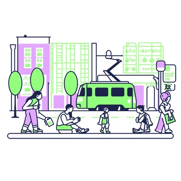 A group of students is seated on a sidewalk, sketching a bustling downtown Toronto street scene. In the foreground, one student holds a sketchpad, capturing the detailed architecture of tall buildings that line the street. Another student is intently drawing a streetcar that is passing by, complete with its distinct shape and details. A third student is focused on sketching people walking, some carrying bags while others are stopping to chat. The background features a variety of storefronts with large windows, showcasing different products. Streetlights and trees are positioned alongside the road, adding depth to the scene.