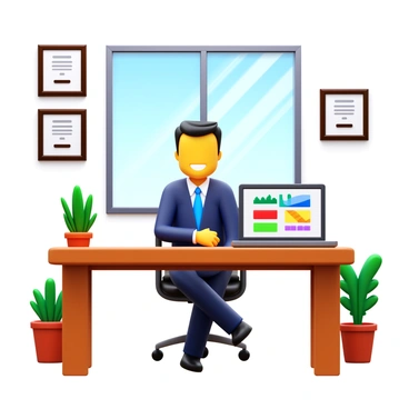 A friendly financial advisor in an office setting with charts and graphs around