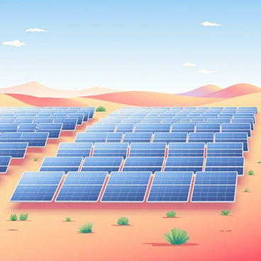 A vast array of solar panels is lined up in neat rows, stretching across a wide, arid desert landscape. The panels are shiny and reflective, capturing the bright sunlight. Surrounding the solar panels, there are patches of dry, sandy soil and sparse vegetation with small, green shrubs dotting the landscape. In the distance, rolling sand dunes can be seen under a clear blue sky, with a few wispy clouds scattered above. The horizon is expansive, enhancing the sense of scale of the solar panel installation.