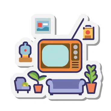 A vintage television set displayed as part of a living room art installation, surrounded by colorful abstract paintings and sculptures, with a modern sofa positioned nearby, and decorative plants adding greenery to the space.