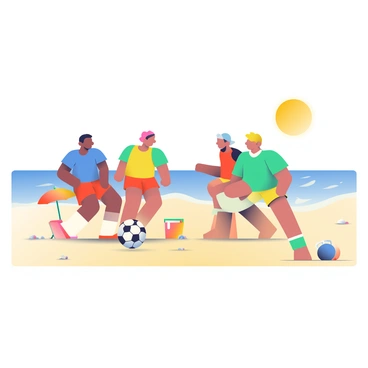 A group of four players is wearing colorful jerseys in shades of blue, red, yellow, and green while playing soccer on a sandy beach. The sun is shining brightly, casting warm light on the scene. Two players are in action, one is dribbling a black and white soccer ball while another is attempting to defend. In the background, gentle waves are lapping at the shore, and a few scattered seashells are visible in the sand. The players are surrounded by small beach umbrellas and a cooler, hinting at a fun day at the beach.