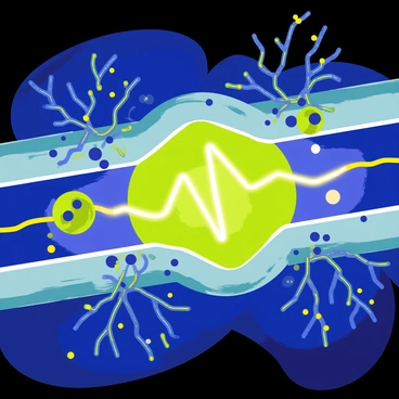 A vibrant scene of an electric pulse traveling across a synaptic cleft