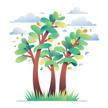 Tall trees with thick trunks are bending dramatically in a strong wind. The leaves are being swept up into the air, creating a swirling effect around the branches. Some leaves are green, while others are golden and brown, indicating the change of seasons. The sky above is filled with scattered clouds, suggesting an impending storm. The grass below is also being pushed down by the gusts, creating a wild and dynamic scene.