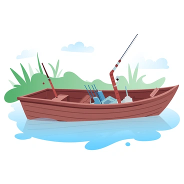 An old wooden boat is gently floating on a quiet river, its weathered surface displaying signs of age. Fishing gear is neatly arranged inside the boat, including several rods and a tackle box. Lush greenery lines the banks of the river, with tall grass swaying softly in the breeze. The water is calm, reflecting the pale colors of the sky above. A few ripples disturb the surface, suggesting the presence of fish below. 