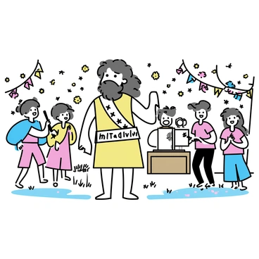 Beorn, a large man with long hair and a thick beard, is standing at the center of a vibrant spring festival. He is wearing a simple tunic, with a wide belt adorned with various nature motifs. Around him, there are colorful decorations hanging from trees, including ribbons and flowers in bright hues of red, yellow, and blue. A wooden stage is set up nearby, where musicians are playing simple instruments like drums and flutes. The ground is covered with freshly green grass and scattered flower petals. In the background, guests are dancing joyfully in celebration, creating a lively atmosphere filled with the spirit of spring.